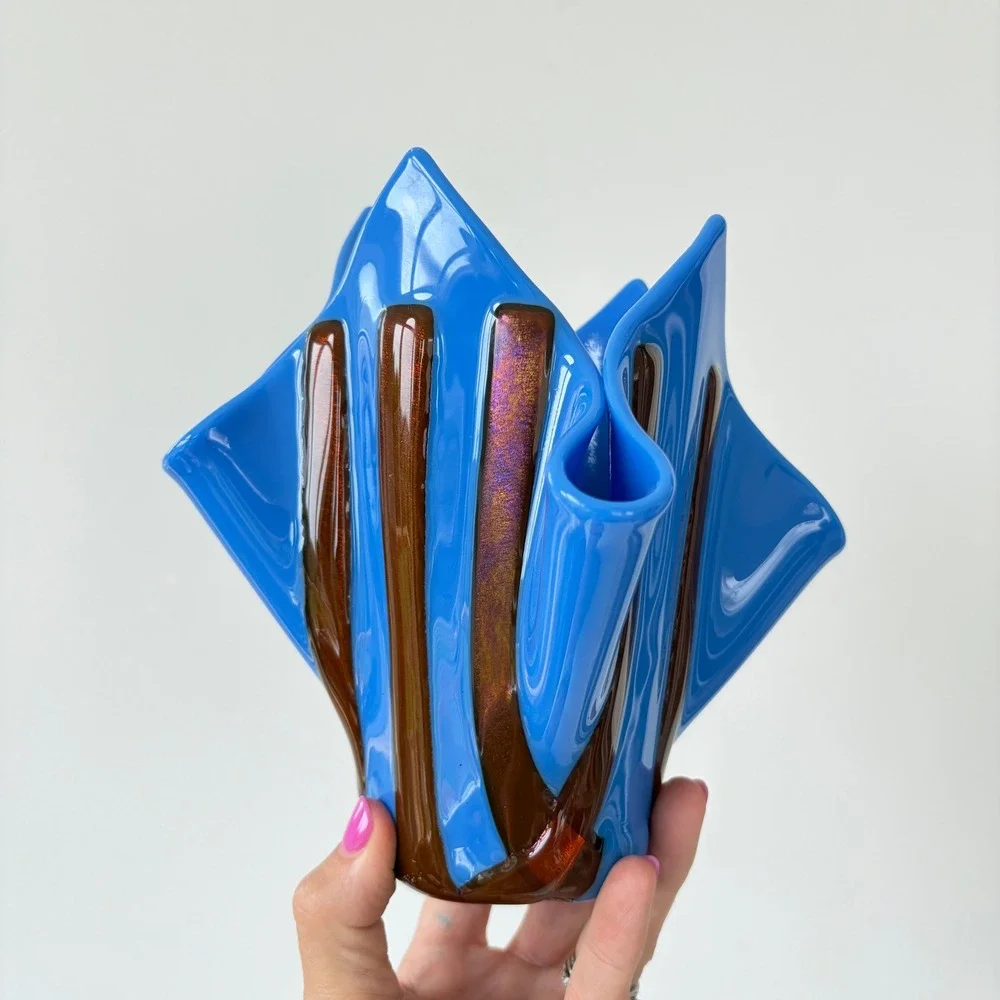 Vintage Murano Style Blue Handkerchief Art Glass Vase Copper Aventurine Stripes
